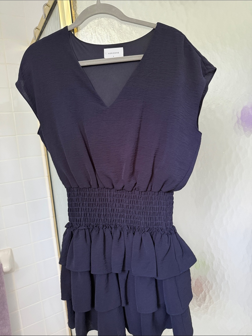 Adrienne Navy Smocked Waist Ruffle Tiered V-Neck Dress
